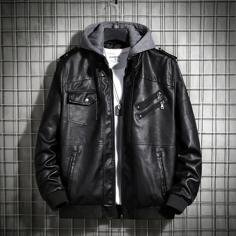 Hooded Leather Jacket Mens Winter PU Coat Teenage Jackets Motorcycle Harajuku 250828