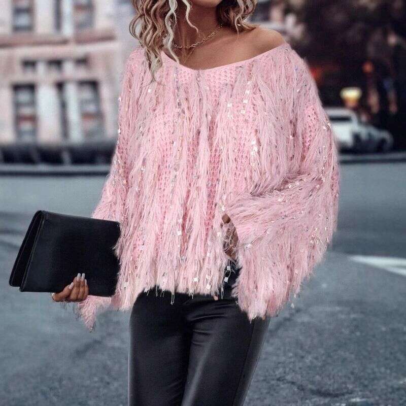 Women's Clothing Ladies V Neck Long Sleeved Sequined Decorative Pullover, Casual Daily Wear