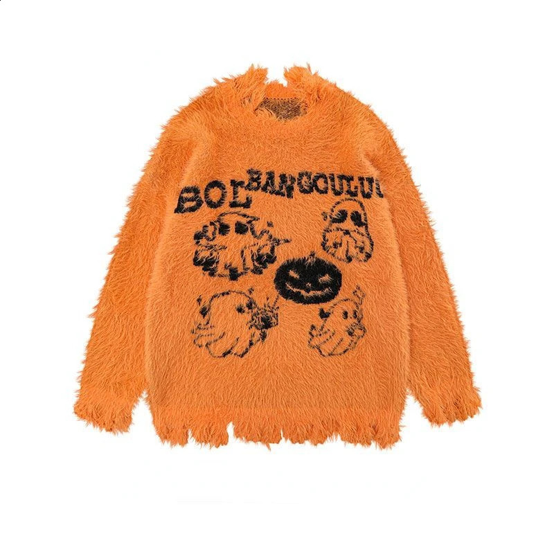 Halloween Orange Knitted Sweater Men and Women Couple Christmas Sweater American Retro Fun Pumpkin Pattern Print Sweater 250828
