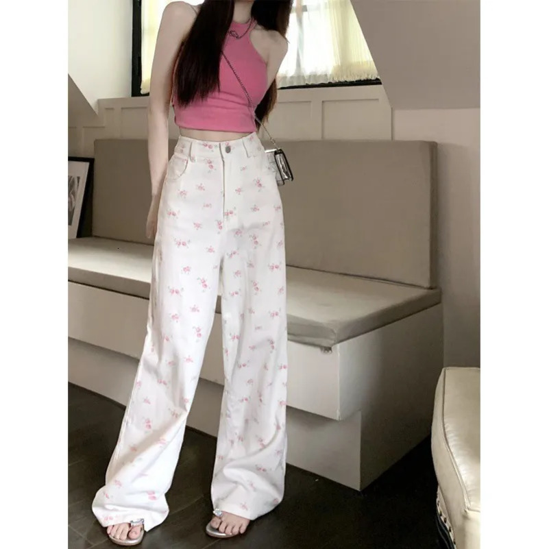 White floral straight jeans womens early autumn thin loose high waist covered Joker slim casual wideleg pants 250828