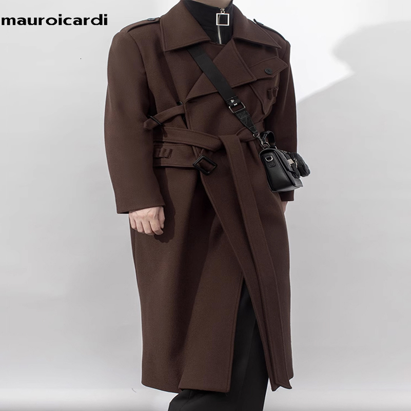 Mauroicardi Autumn Winter Cool Elegant Long Warm Black Woolen Trench Coat Men Belt y ner Clothes Wool Blends Overcoat 250828