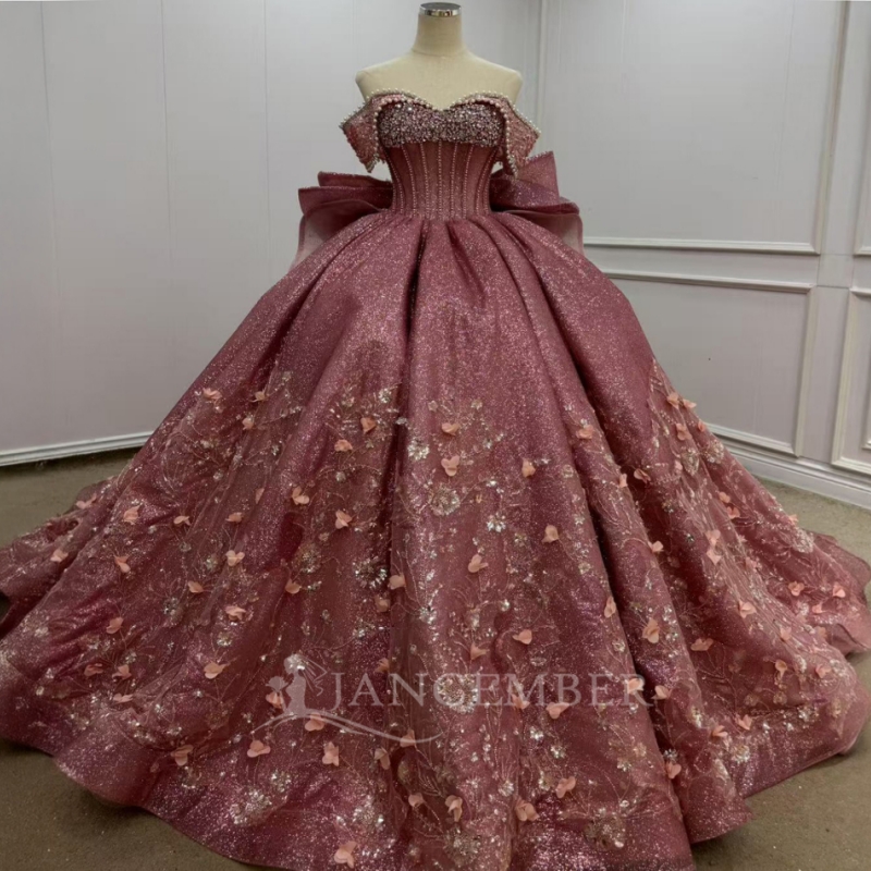 Pink Shiny Princess Off the Shoulder Sweet 16 Dress Quinceanera Dresses Applique Flower Beading Crystal Bow Tull Party Birthday Vestidos 15 Anos