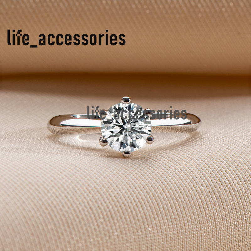 Classic and Simple 6 Prongs Design 1CT D Color Round Moissanite Synthetic Diamond White Gold Solid Proposal Ring Fine Jewelry