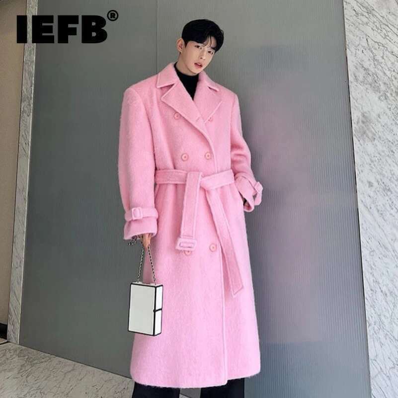 IEFB Korean Men Woolen Coat Casual Lapel Double Breasted Long Trench Solid Color Male Overcoat Belt Autumn Trend 9C2884 250828