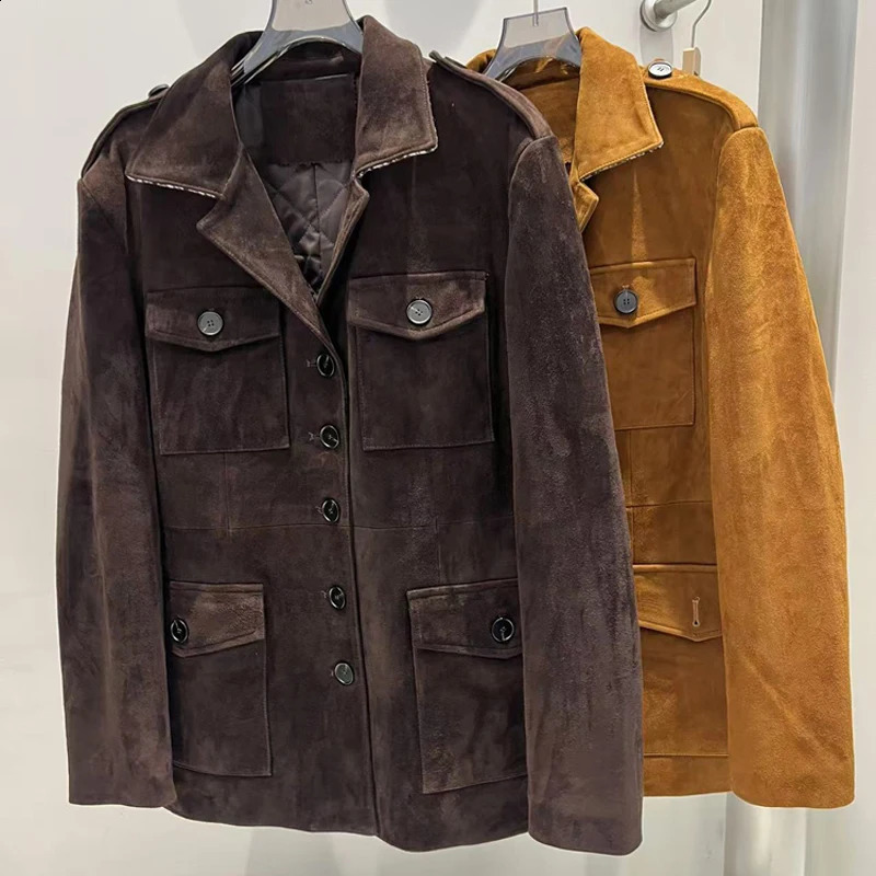 High-end Suede Leather Jacket for Women Winter Pockets Slimming Coat Filled With Mulberry Silk Deep Coffee Warm Veste 250815
