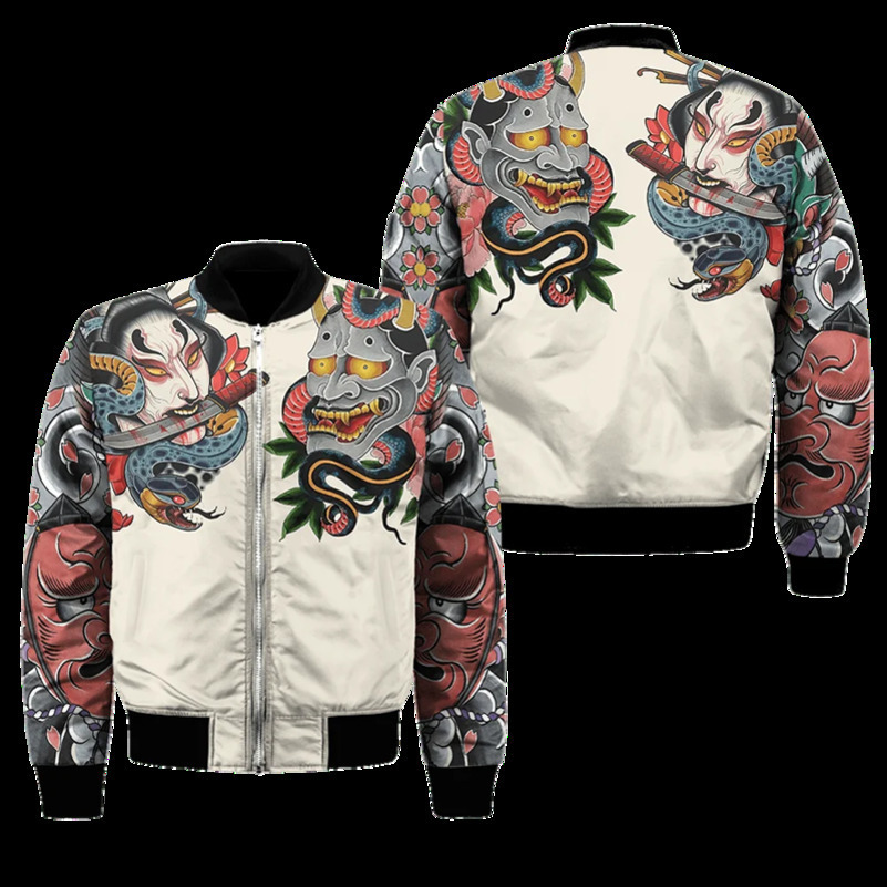Spring Autumn Mens Bomber Jacket Samurai Oni Mask Tattoo 3D All Over Printed Zip Tracksuits Unisex Casual Zipper Clothing 250827