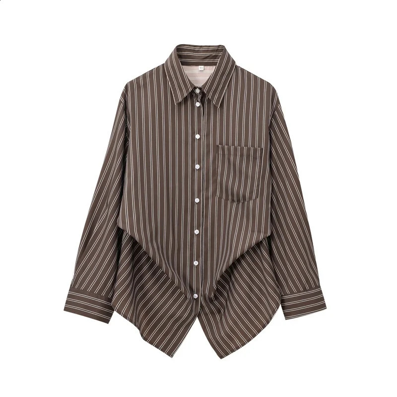 Autumn Blouses Woman Trendy Solid Stripe TurnDown Collar Long Sleeve Buttons Single Breasted Female Street Shirts 250828