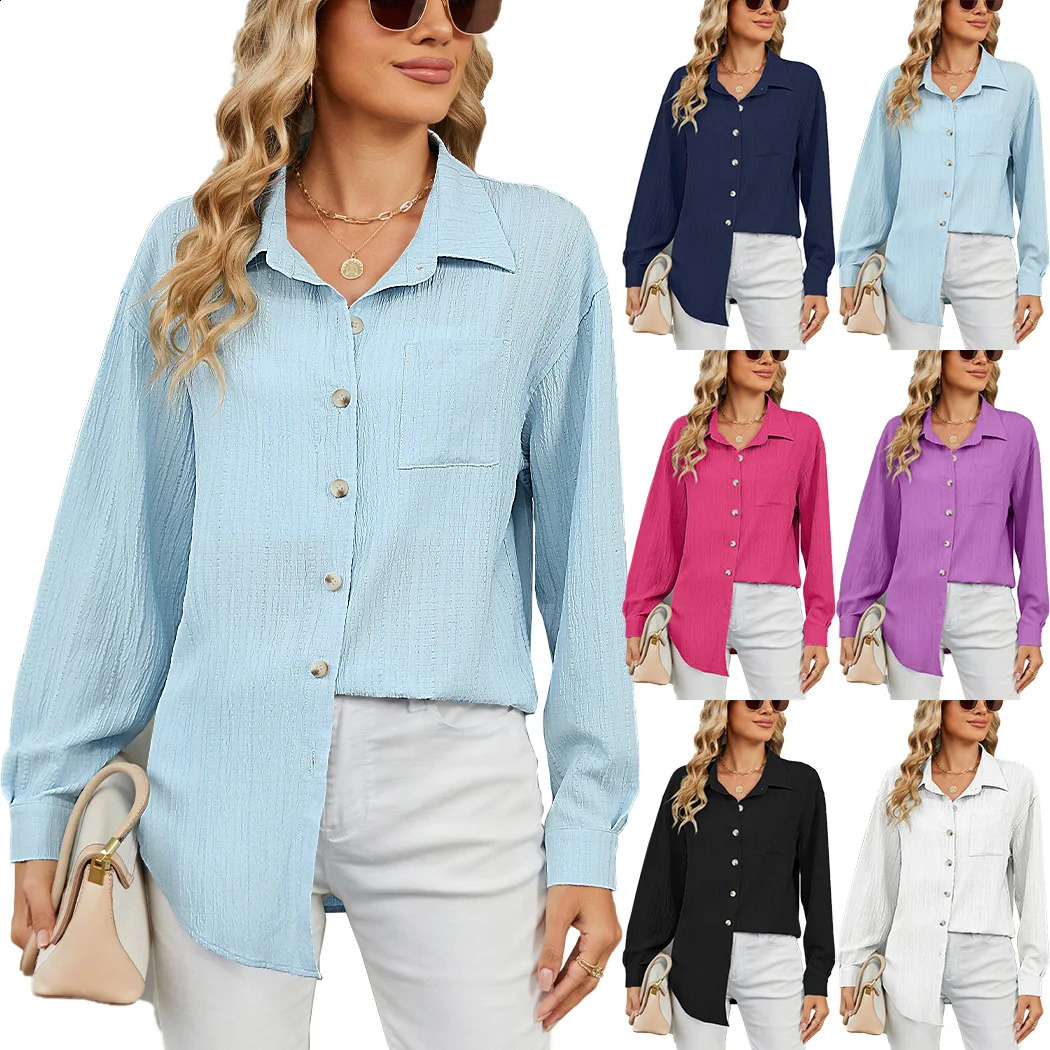 Womens Casual Long Sleeve Lapel Button Ribbed Knit Work Shirt Autumn Elegant Office Lady Blouse Fashion Female Solid Color Shirt 250828
