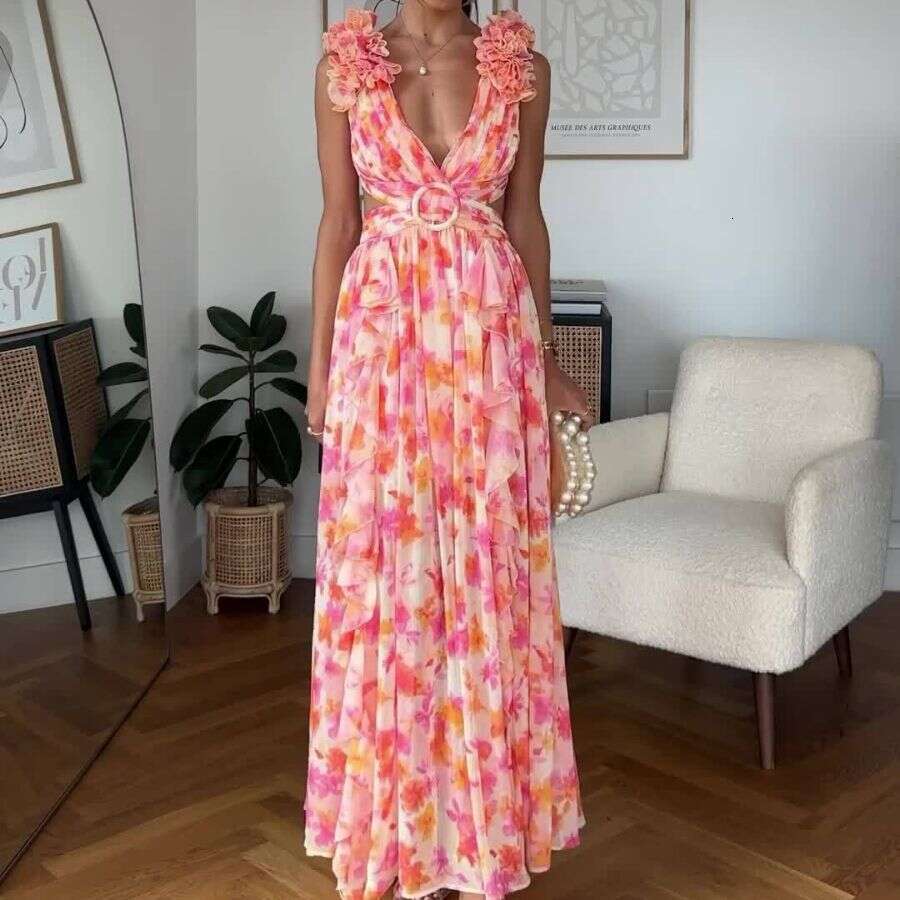 Summer Hot-Selling European and American Cross-Border Trade New Fashion Pastoral Print Backless Sexy Strap Flared Dress