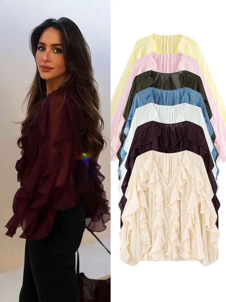 Fashion Chiffon Layered Ruffled Shirts For Women Elegant Single Breasted Puff Sleeve Blouse Female 2025 Street Lady Chic Tops 250828