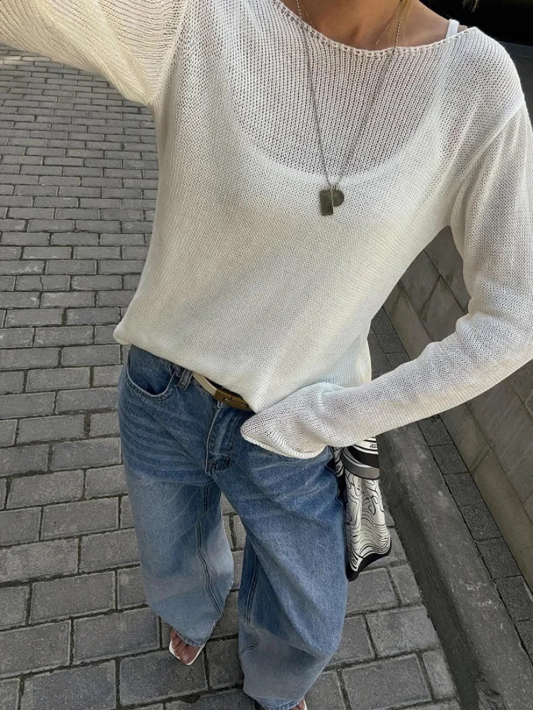 Elegant Knitted Hollow Out Pullovers Women Loose O-neck Long Sleeve See Through Jumper Summer Y2k Chic Lady Beach Sweater 250818