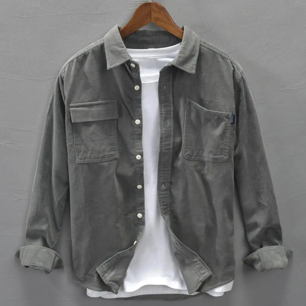 Corduroy Shirt Mens Cargo Jacket Casual Spring Autumn Loose Coat Cardigan Turndown Collar camisa masculina 250828