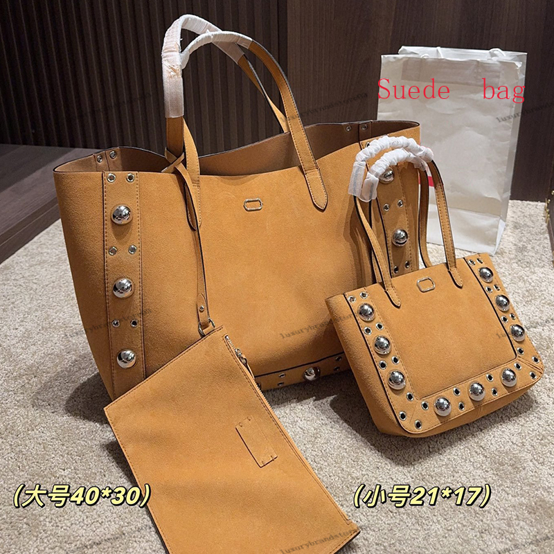 Suede Tote Bag with Spherical Rivets and Hollow Design, Fashionable Retro Style, Leather and Suede Options, Autumn and Winter Suede Shoulder Bag, De