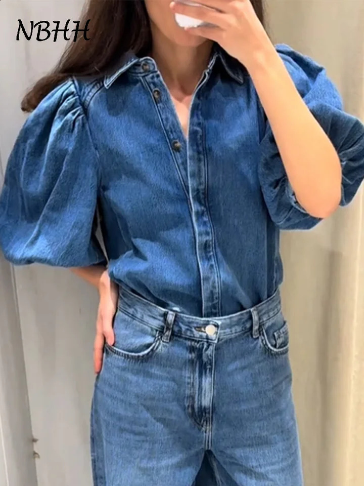 Fashion Blue Denim Womens Shirts Half Puff Sleeve Turndown Collar Pleated Female Shirt 2025 Autumn Spring Street Lady Tops 250828