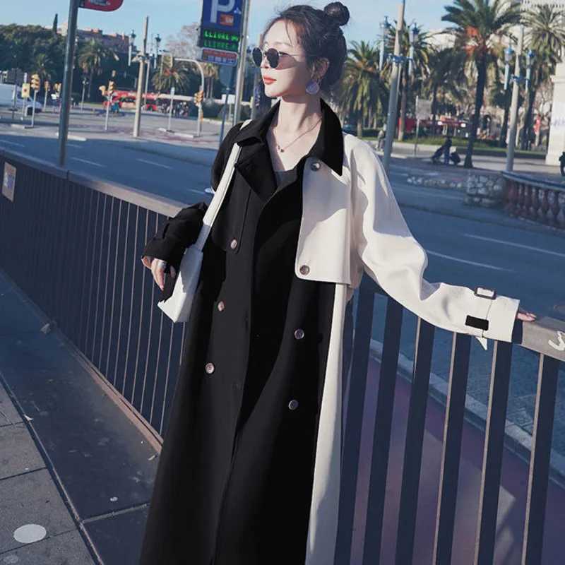 Womens Long Trench Coat Korean Style Autumn Fashion Spliced Khaki Brown Contrast Patchwork Spring Windbreaker Z250828