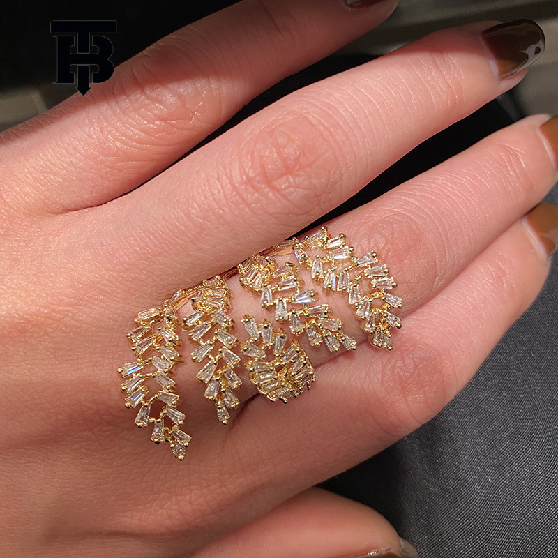 Free Shipping For New Designer Accessories Gold Branch Leaf Index Finger Ring For Women Multi-layer Wrapped Trendy Branch Super Sparkling Zircon Ind