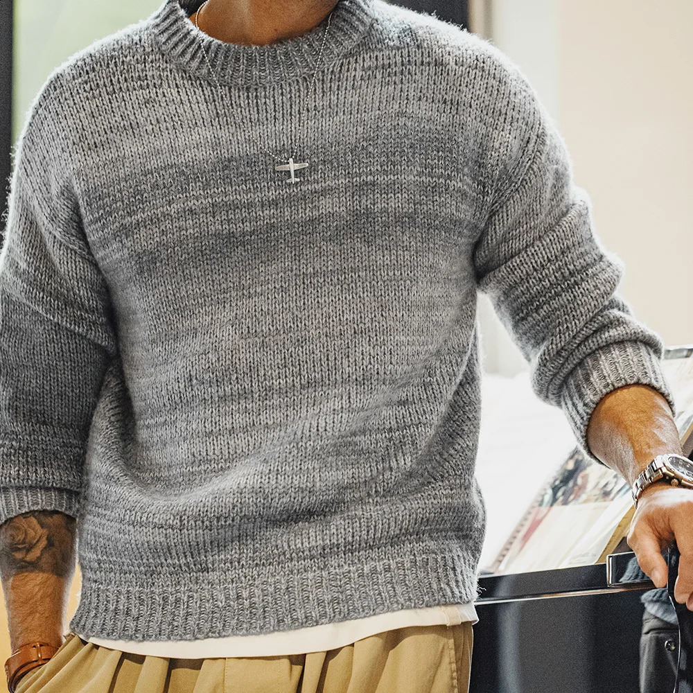 Maden Mens Autumn Winter American Vintage Gradient Stripe Sweater Pullover Round Neck Blended Knitwear 250828