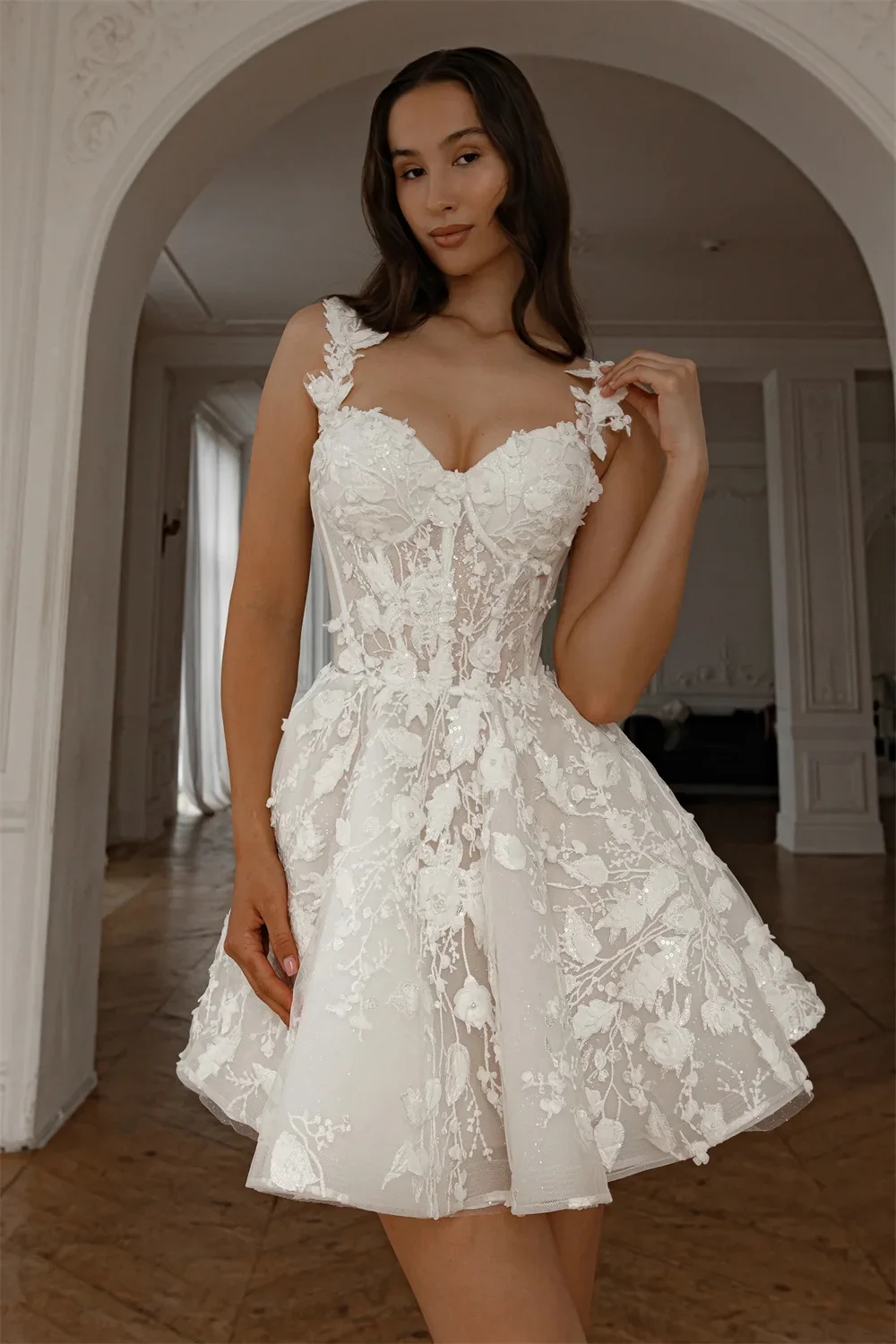 Elegant A-line Short Wedding Dress Off Shoulder 3D Flower Lace Short/Mini A-line Beach Bride Party Gowns Abito Da Sposa vestidos de noiva