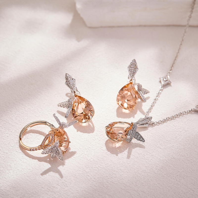Designer Collection Style Necklace Earrings Ring Inlay Cubic Zircon Diamond Amber Drop-shaped Bird Pendant Party Jewelry Sets