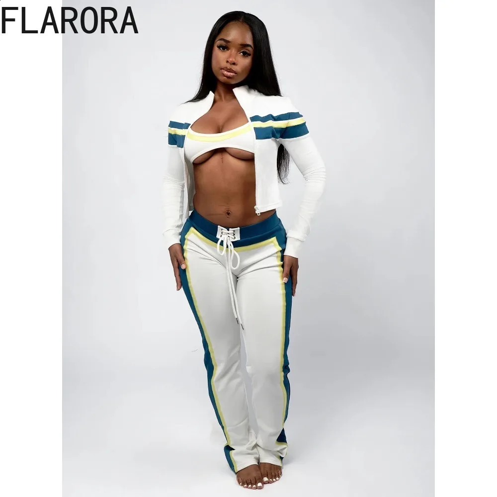 FLARORA Fashion Patchwork 3 Pcs Sets Woman Long Sleeve Zip Crop JacketTank TopsBandage Pants Outfits Autumn Street Tracksuits 250827