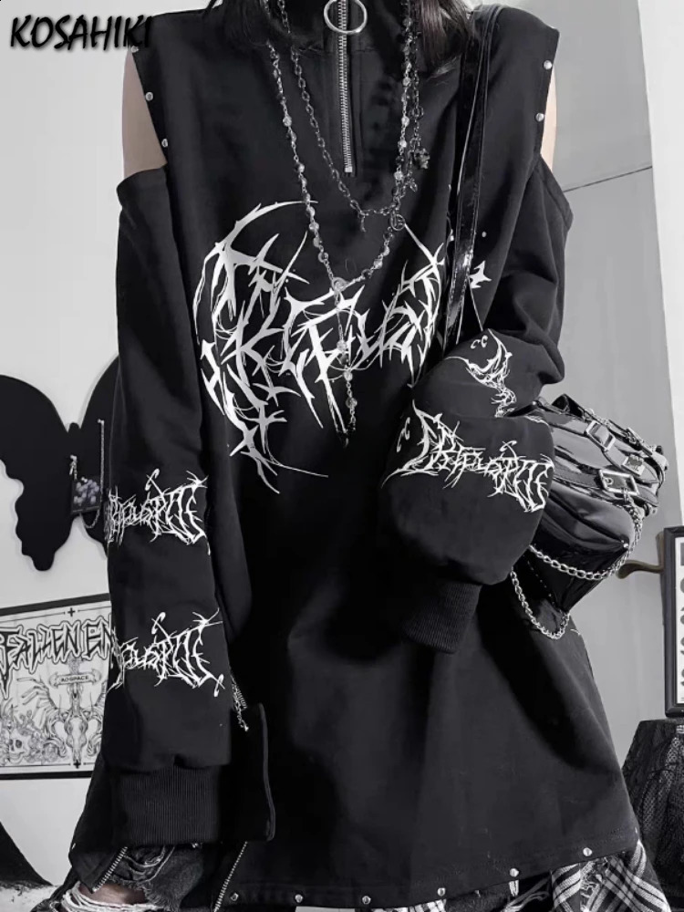 Vintage Black Printing Punk TShirt Women Harajuku Off Shoulder Grunge Tops Vintage Oversized Y2k Aesthetic Zipper Tees 2025250828