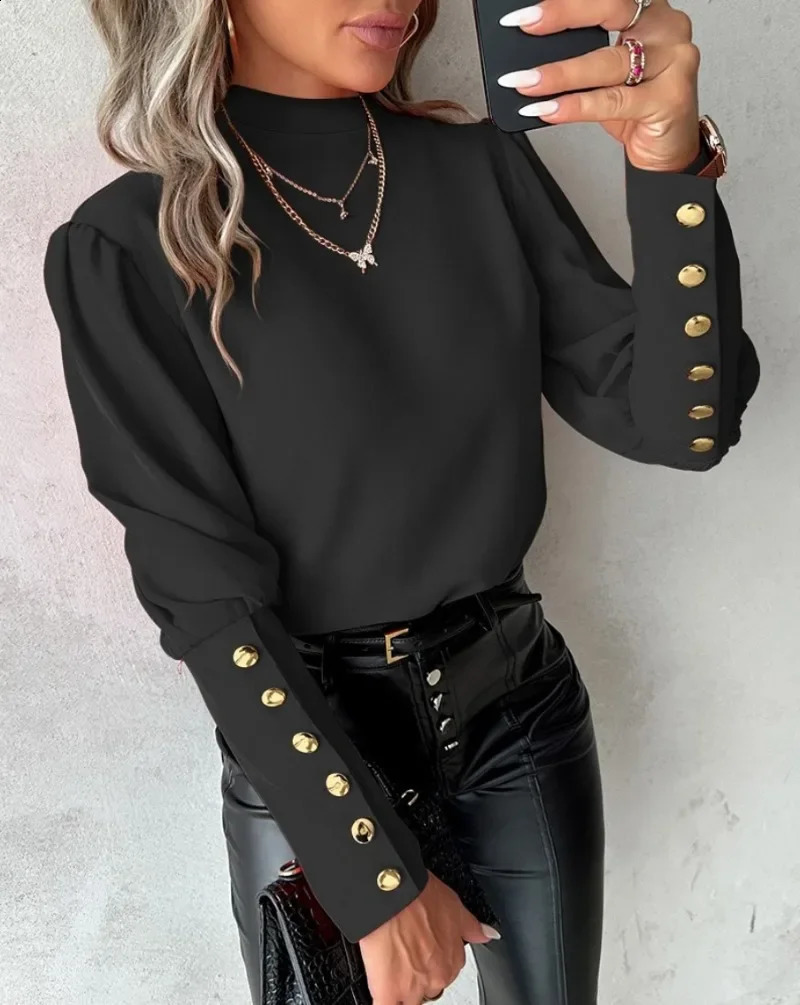 Womens Spring and Autumn Long Sleeved Solid Color Fashion Top Lace Round Neck Button Shirt Womens 250828