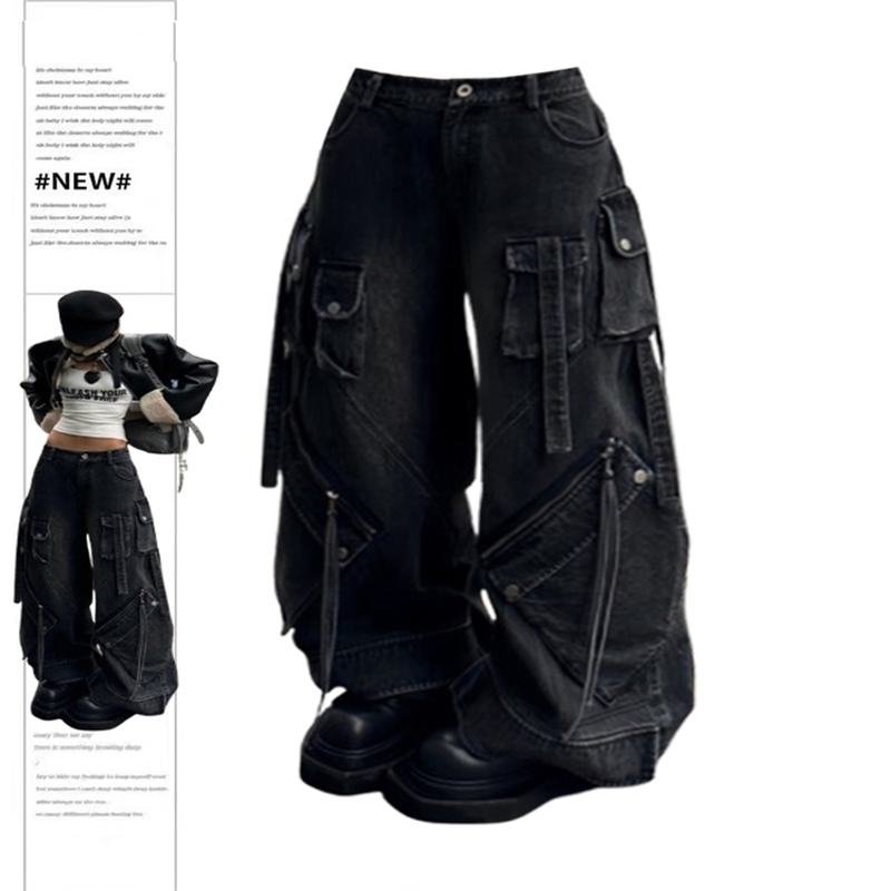 Womens Black Gothic Baggy Cargo Jeans Harajuku Oversize Denim Trousers Y2k 90s Vintage 2000s Emo Jean Pants Trashy Clothes w250828