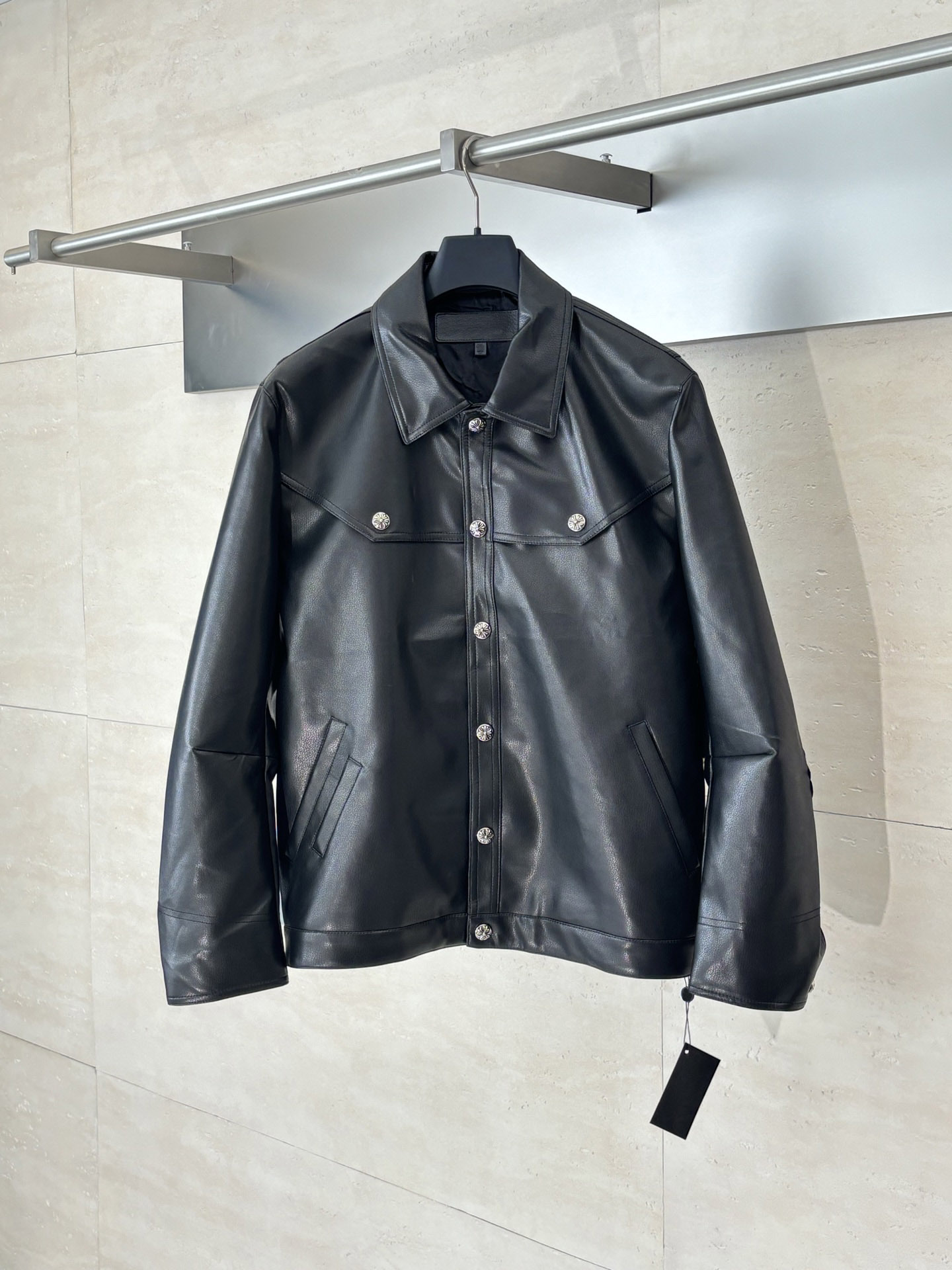 Highend brand mens leather jacket with simple solid color and single breasted design in US size high quality designer jacket