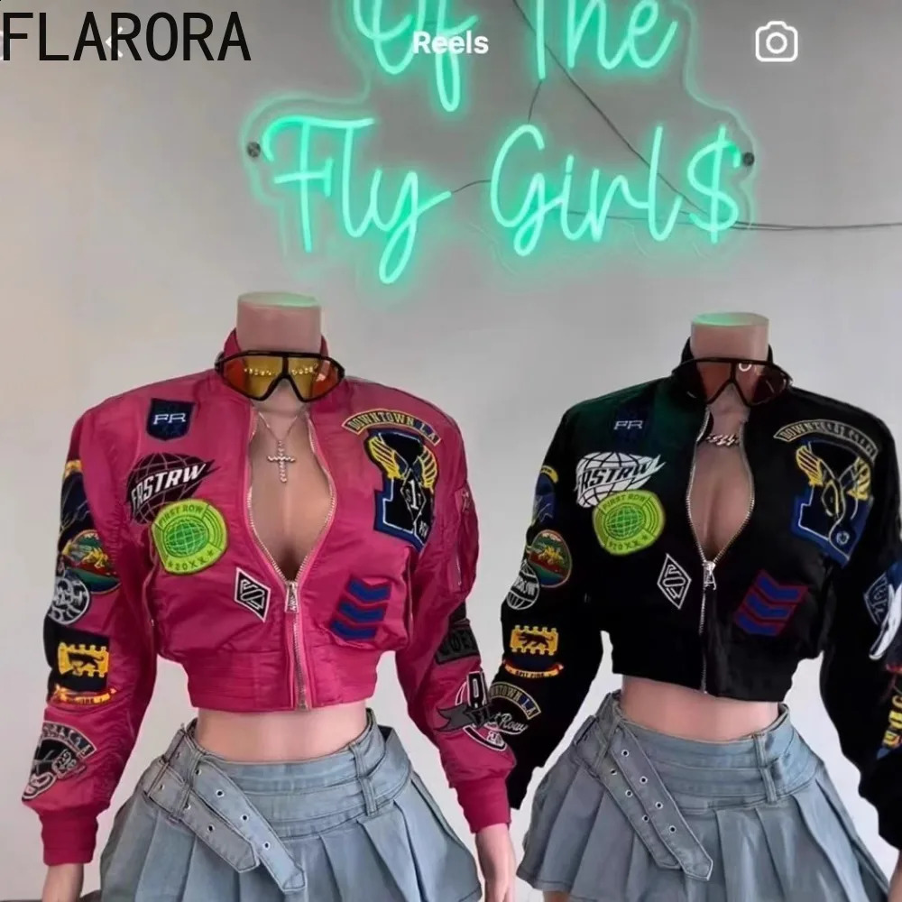 FLARORA Fashion Y2k Print Embroidery Jackets Woman Long Sleeve Zipper Stand Collar Crop Coat Autumn Patchwork Jacket Streetwear 250827