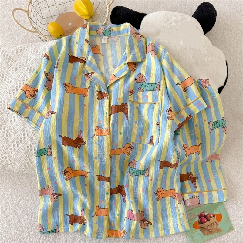 Star Striped Dog Print Kawaii Pajamas for Women Y2K Fashion Lapel Neck Womens Summer Sweet Cute Home Wear Woman y250827
