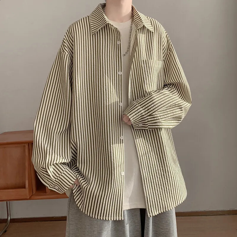 LAPPSTER Y2k Oversized Striped Shirts Korean Fashion Blouses Men Funny Vintage Harajuku Printed Long Sleeve Button Up Shirts 250827