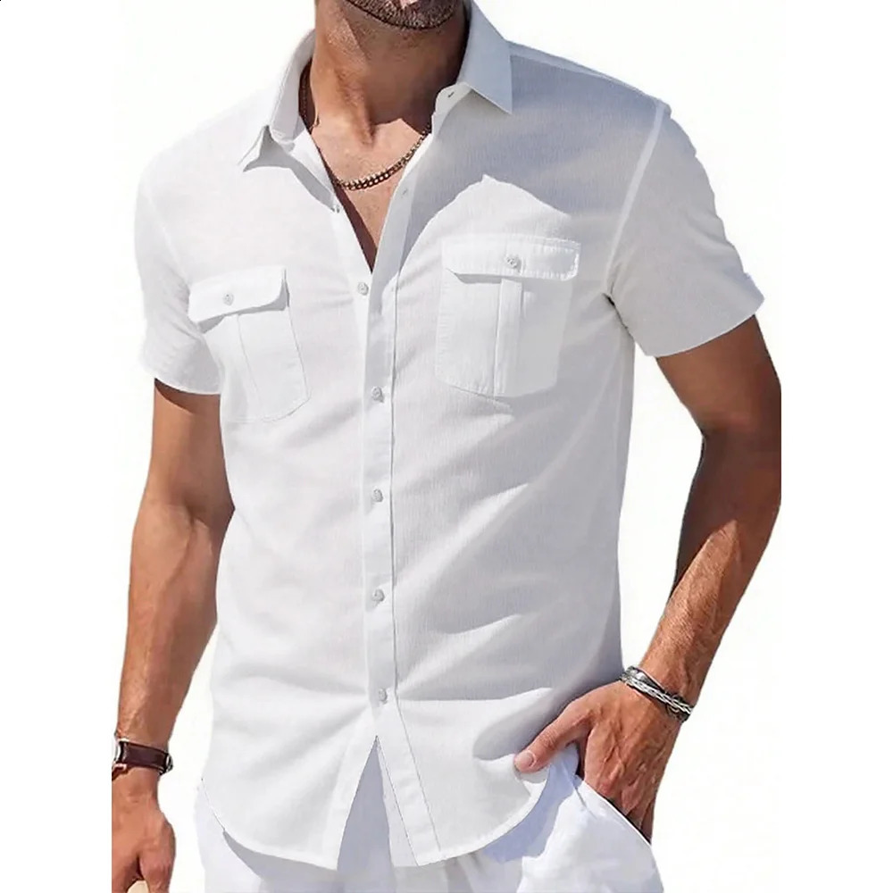 Cotton Linen Short Sleeves Shirts for Men Cargo Shirt Hawaiian Beach Button Top Summer Holiday Solid Color Lightweight Tees 250828