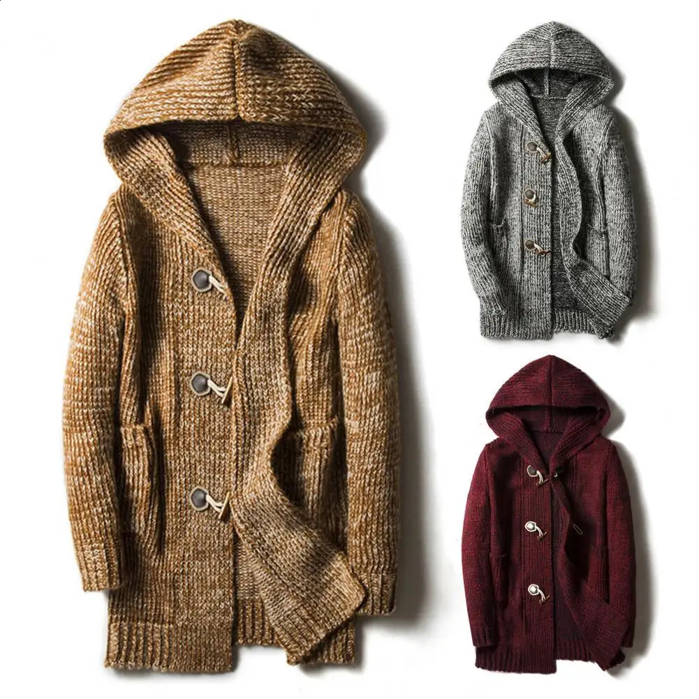 Men Hooded Cardigan Knitted Horn Buckle Hooded Singlebreasted Keep Warm Wool Blend Thick Grey Cardigan Sweater for Daily Wear 250828BJ