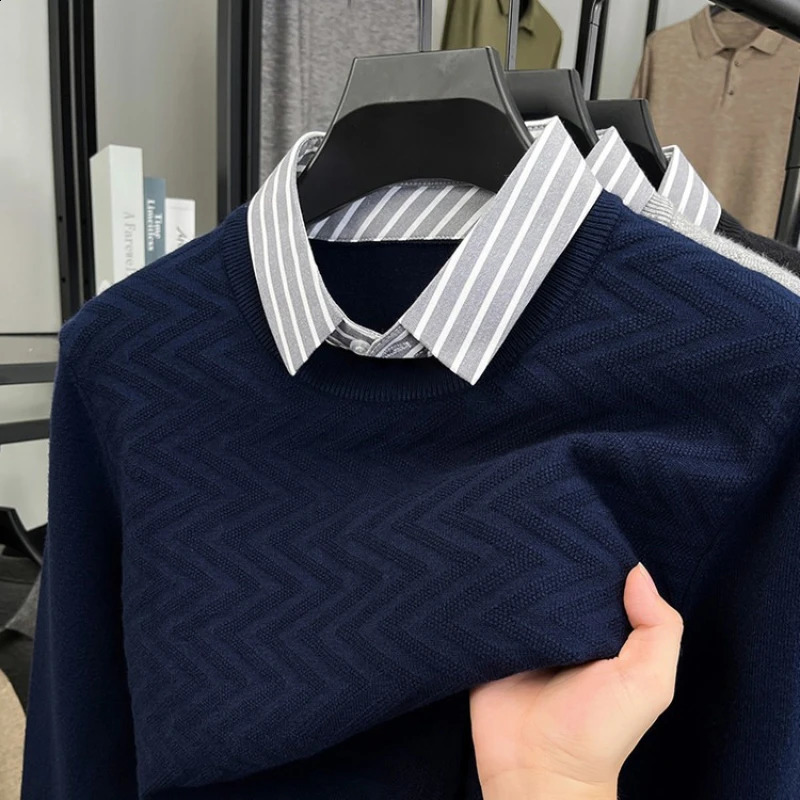 Mens Knit Sweater with Shirt Collar Gray Vintage Style Layered Business Casual Pullover Old Money Style Top 250828