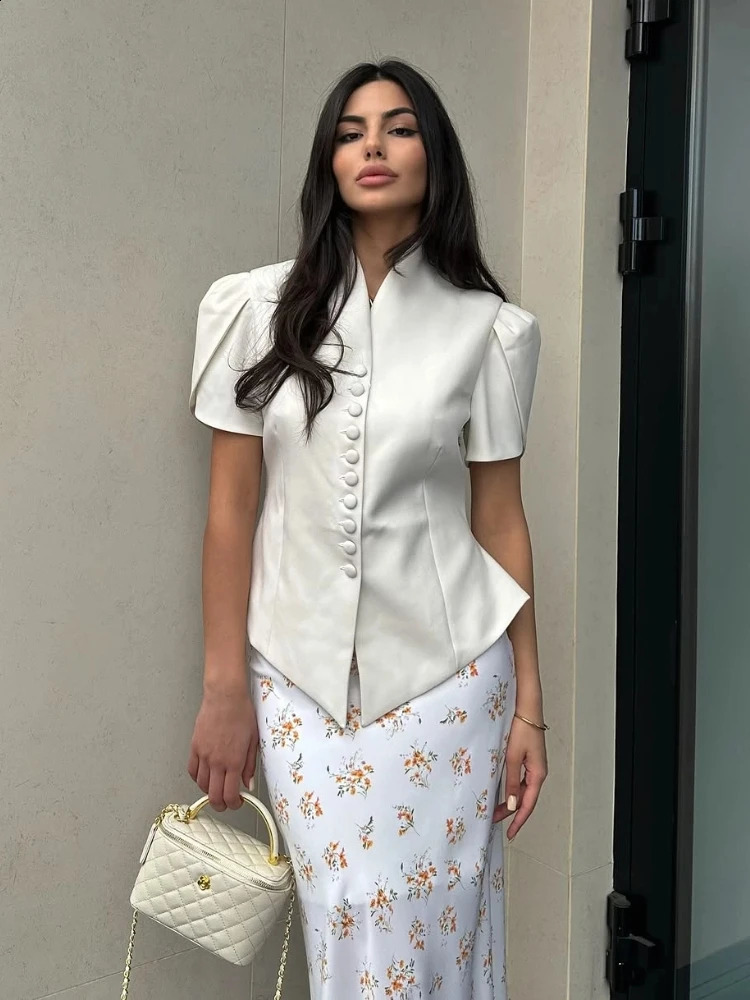 Elegant Solid Slim Womens Blouse Short Sleeve Single Breasted Waist Cinching Irregular Jacket Fashionable Ladies Streetwear 250828