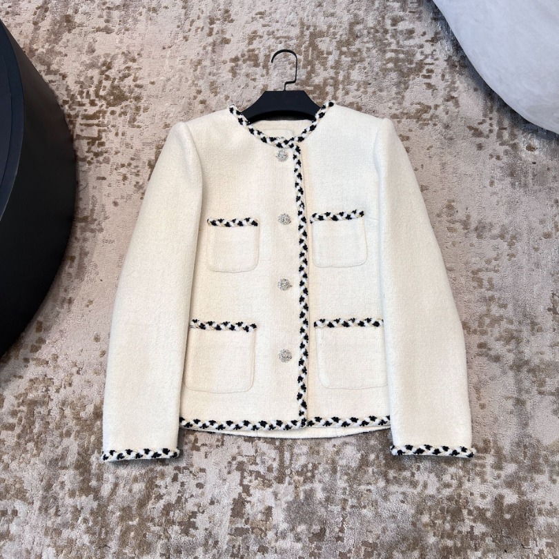 2025 Autumn White Contrast Color Tweed Jacket Long Sleeve Round Neck Double Pockets Single-Breasted Jackets Coat Short Outwear A5G271031 Check Size