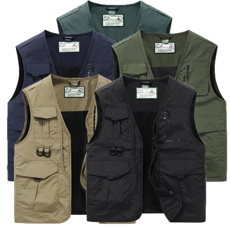 Men Spring Sleeveless Many Pocket Stand Collar Vest Jackets Solid Color Outdoors Fishing Cargo Casual Male 250828