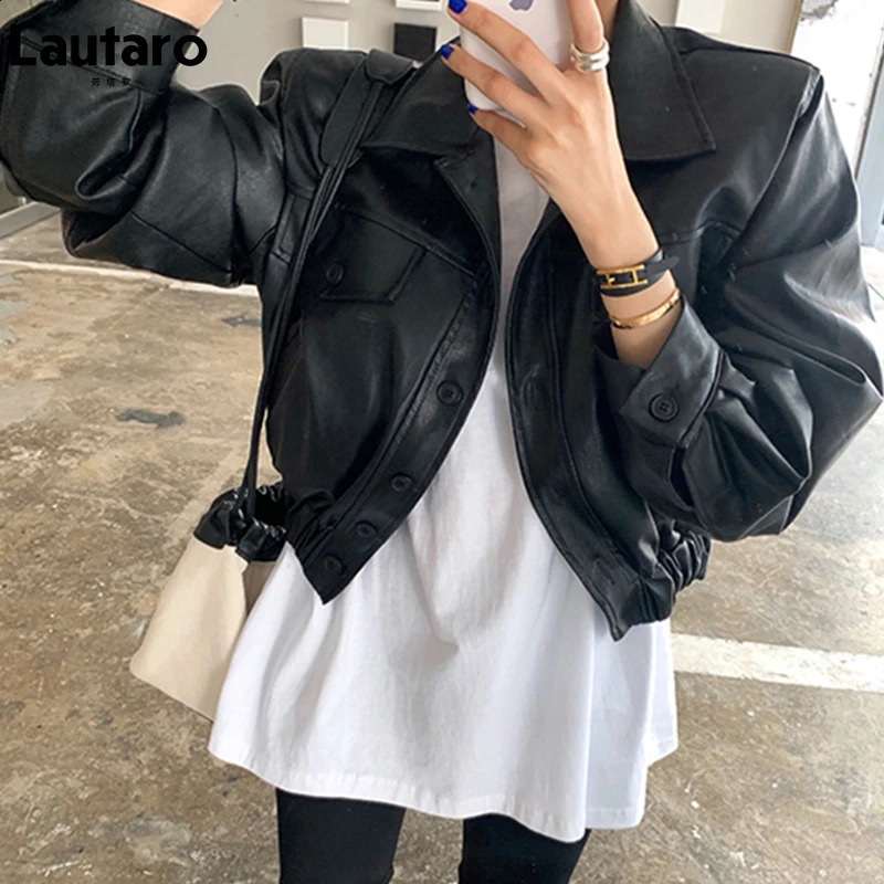 LautaroShort Black Faux Leather Jackets for Women Waterproof Soft Light Long Sleeve Cool Outerwear Fashion Spring 250828