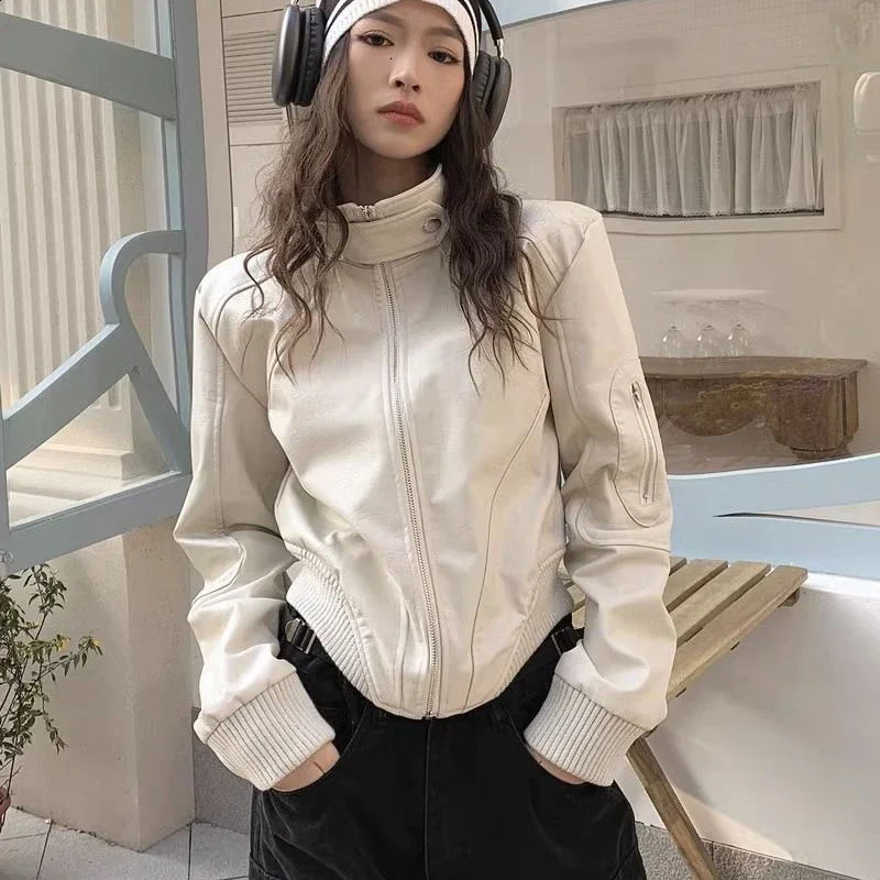 Gidyq Autumn Women Leather Jacket American Retro Streetwear Loose Motorcycle Coats Casual Female All Match Zipper Outerwear 250828