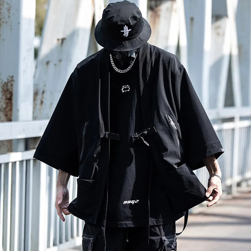 2023 Ribbon Hip Hop Punk Techwear Kimono Oversized Shirts Mens Japan Style Harajuku Casual Cargo Shirt Cloak 250828
