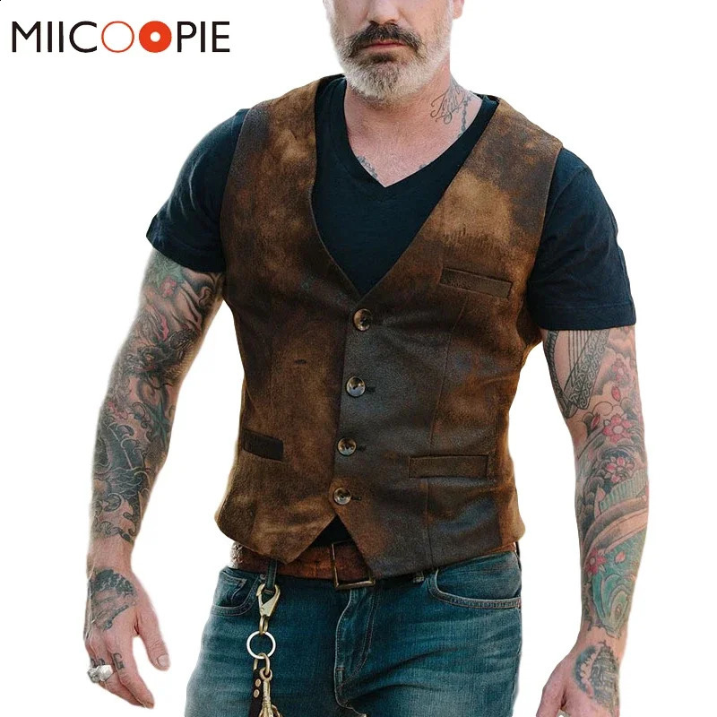Vintage Leather Singlebreasted Men Casual Vests Jacket Autumn Fashion VNeck Sleeveless Chaleco Hombre Streetwear 250818
