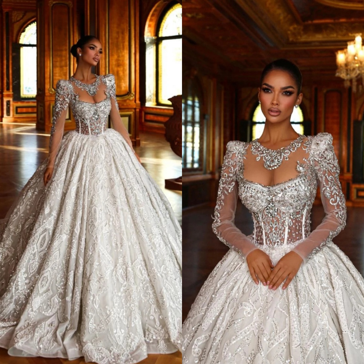 Luxury Sequined Wedding Dress Ball Gown Elegant Beading Lace Bridal Dress Long Sleeve Customized vestidos de novia