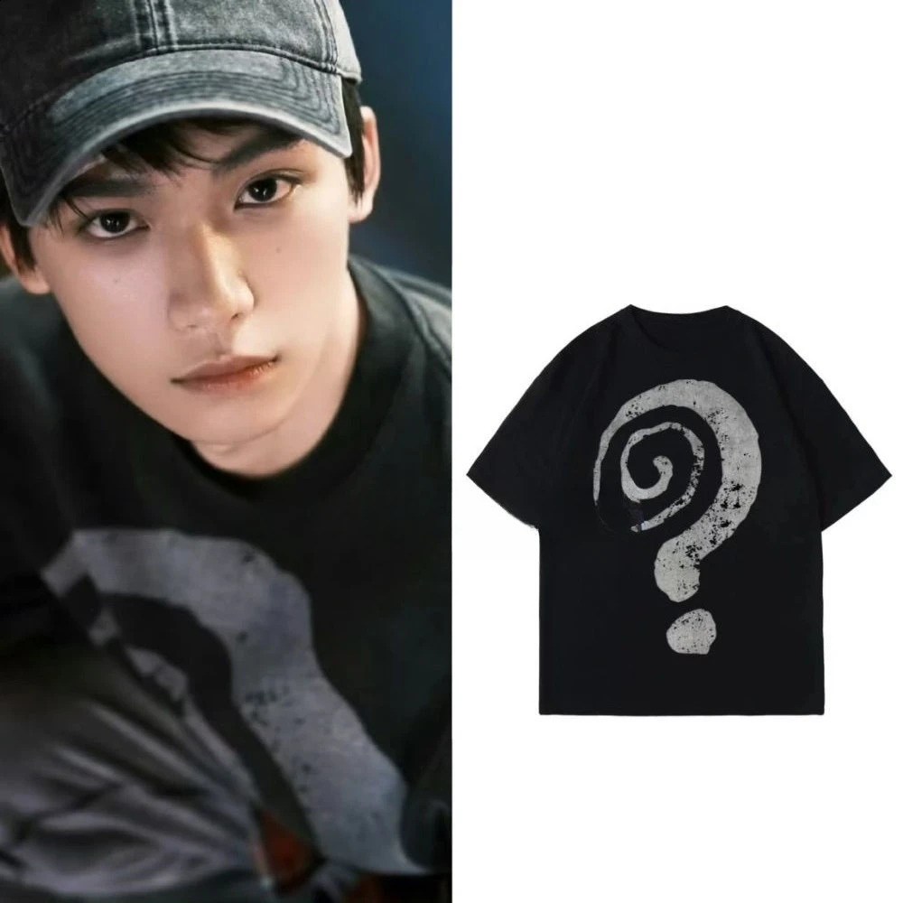 Ziyu same clothes personalized spiral big question mark loose shortsleeved Tshirt mens and womens pure cotton 250828