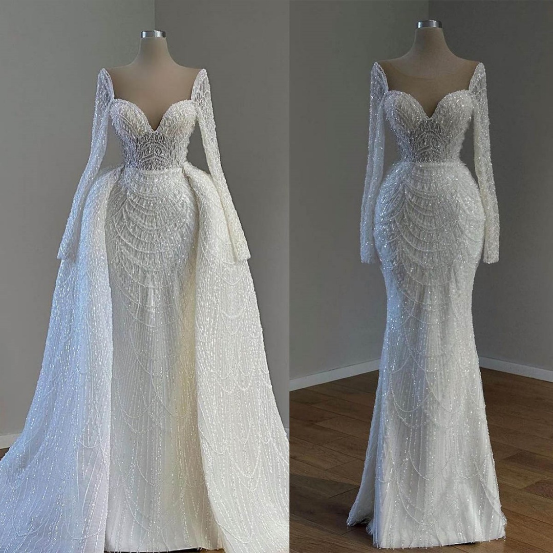 Exquisite Mermaid Wedding Dresses Long Sleeve Detachable Train Bride Dresses Beading Custom Made Vestido De Novia
