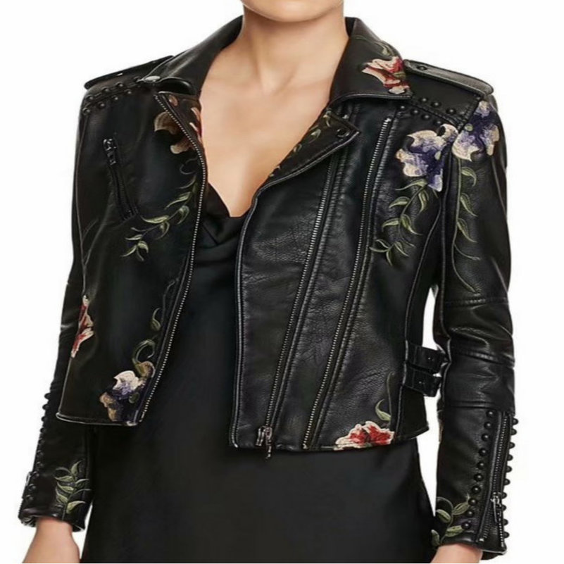Autumn Winter Floral Print y Faux Leather Jackets Women High Street Moto Rivet Black Punk Outerwear Biker Coats 250827