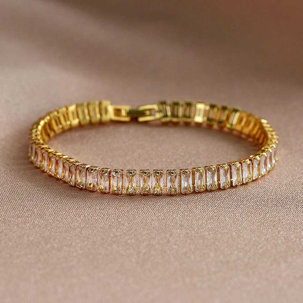 Fashion Korean Style Rectangle Zirconia Tennis Bracelets for Women Luxury Gold Color Crystal Party Jewelry W250828