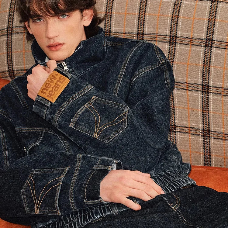 American deconstructive washed inverted split stand up collar denim jacket for mens spring and autumn loose casual jacket 250827