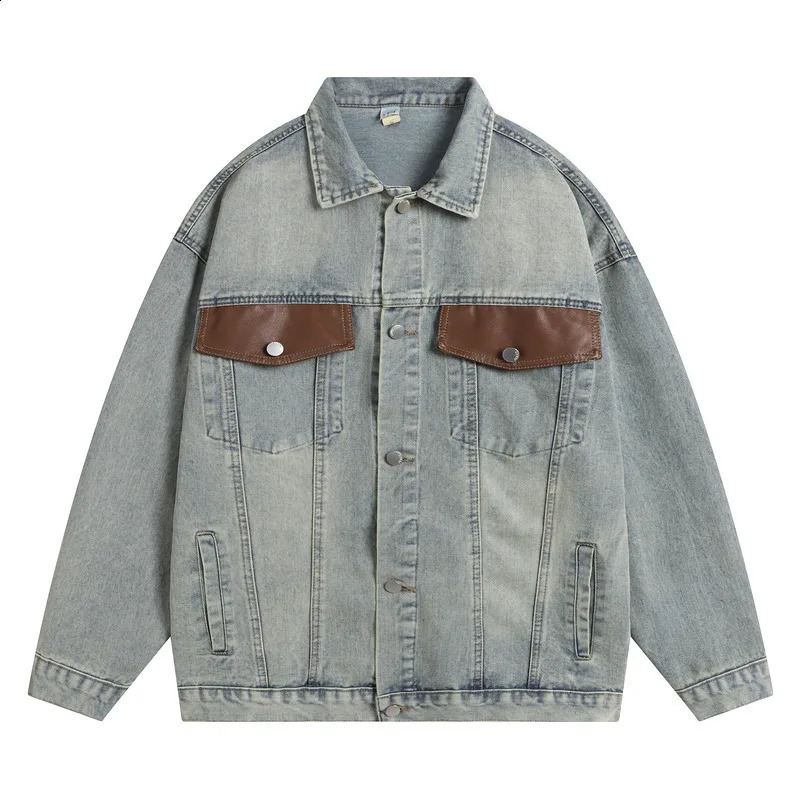 Men Denim Jacket Streetwear Coat Single Breasted Turn Down Collar Patchwork Pockets Washed Overcoat Vintage Outerwear 250827