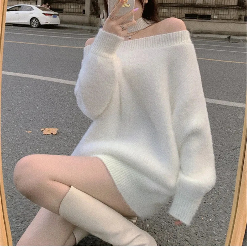 Autumn Winter Korean Knitwear Women Halter Cross Cold Shoulder White Jumpers Loose Oversized Pullovers Sexy Korean Elegant M440 250827