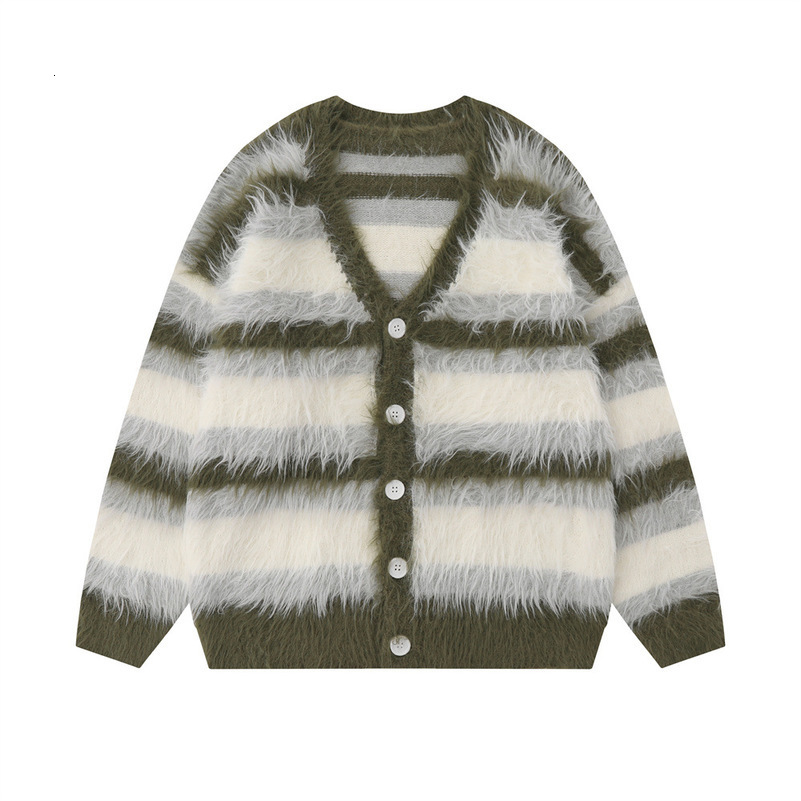 Striped Plush Vneck Sweater Mens Loose Casual Brushed Knit Trendy Couple Versatile Comfortable Harajuku High Street Cardigan 250828